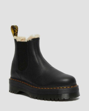 Black DR Martens 2976 Faux Fur Lined Platform Chelsea Boots | 9561XMNKV