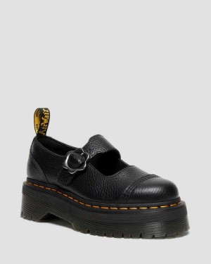 Black DR Martens Addina Flower Buckle Leather Platform Shoes | 5628ZYHPF