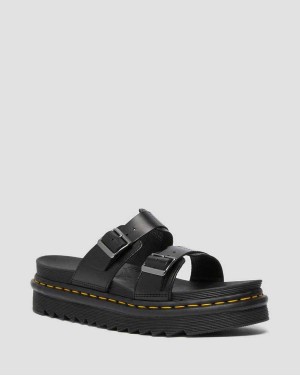 Black DR Martens Myles Brando Leather Buckle Slide Sandals | 3758FOYGV