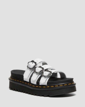 White DR Martens Blaire Flower Buckle Leather Slide Sandals | 1923VILNO