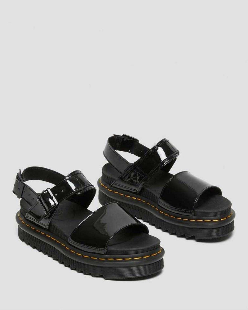 Black Brown DR Martens Voss Patent Leather Strap Sandals | 8746LDACI