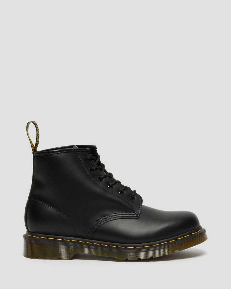 Black DR Martens 101 Yellow Stitch Smooth Leather Ankle Boots | 7018YZUQN