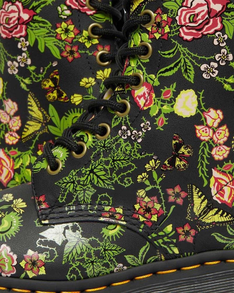 Black DR Martens 1460 Floral Bloom Leather Lace Up Boots | 7542OJMXY