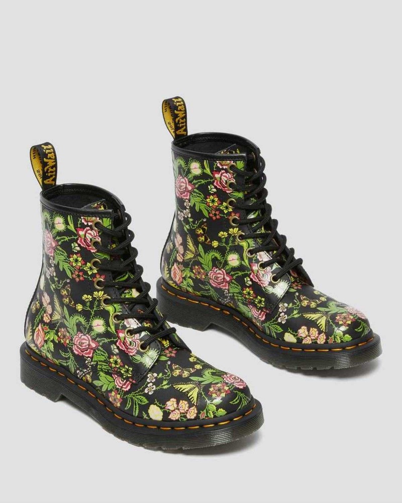 Black DR Martens 1460 Floral Bloom Leather Lace Up Boots | 7542OJMXY