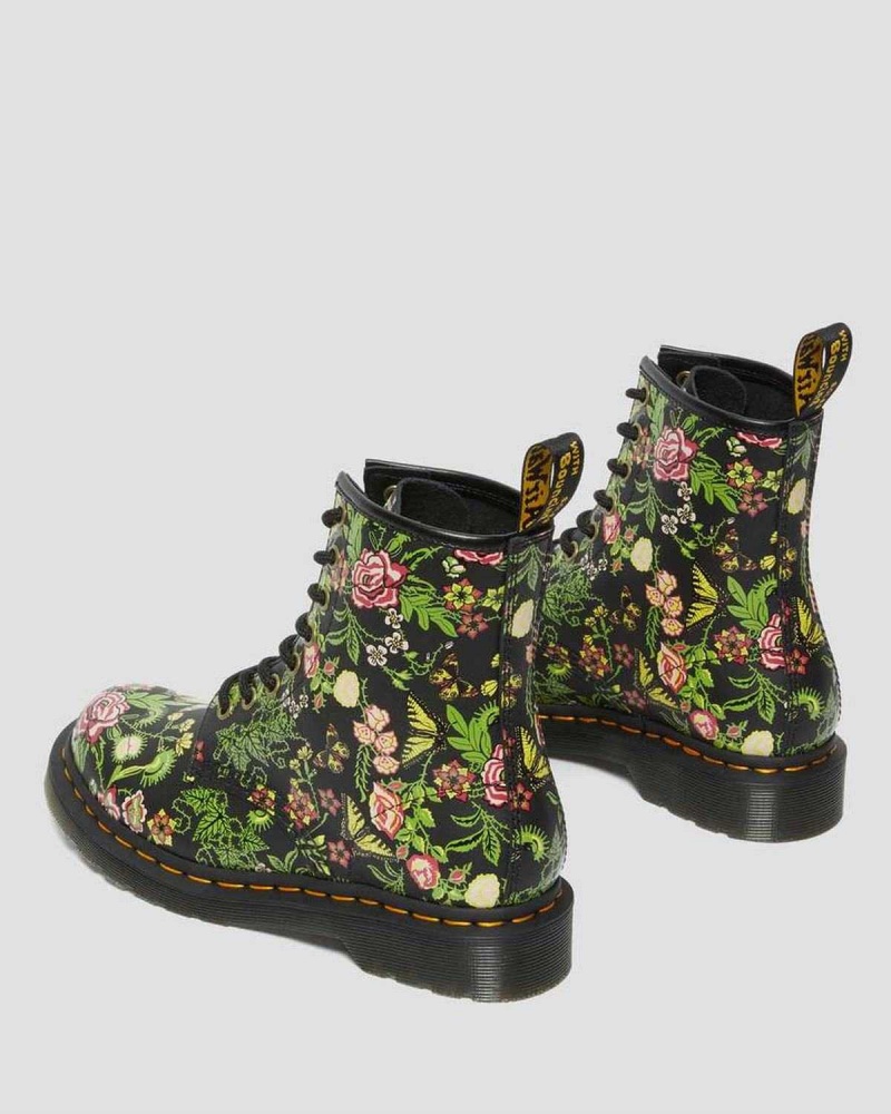 Black DR Martens 1460 Floral Bloom Leather Lace Up Boots | 7542OJMXY