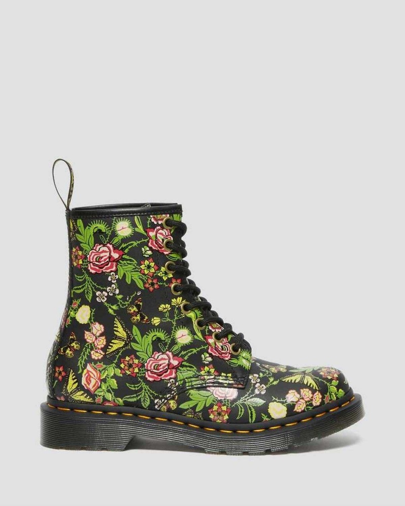 Black DR Martens 1460 Floral Bloom Leather Lace Up Boots | 7542OJMXY