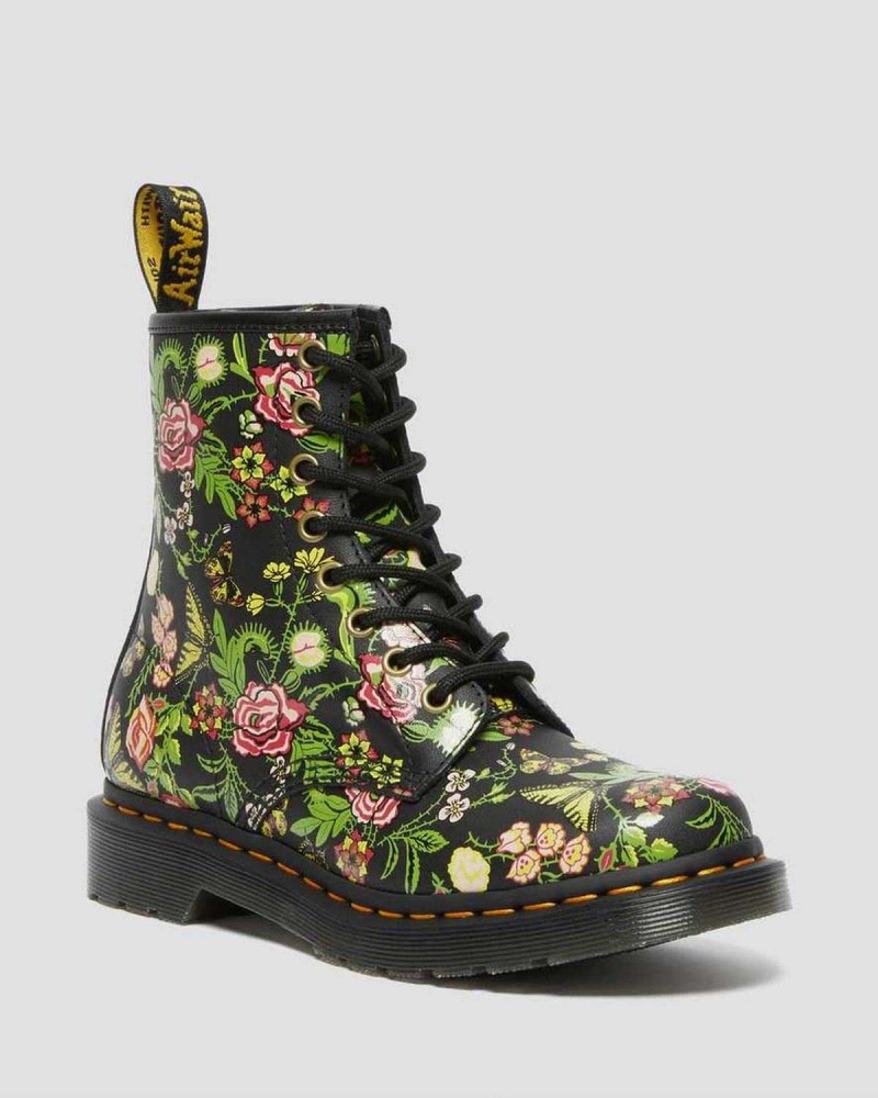 Black DR Martens 1460 Floral Bloom Leather Lace Up Boots | 7542OJMXY