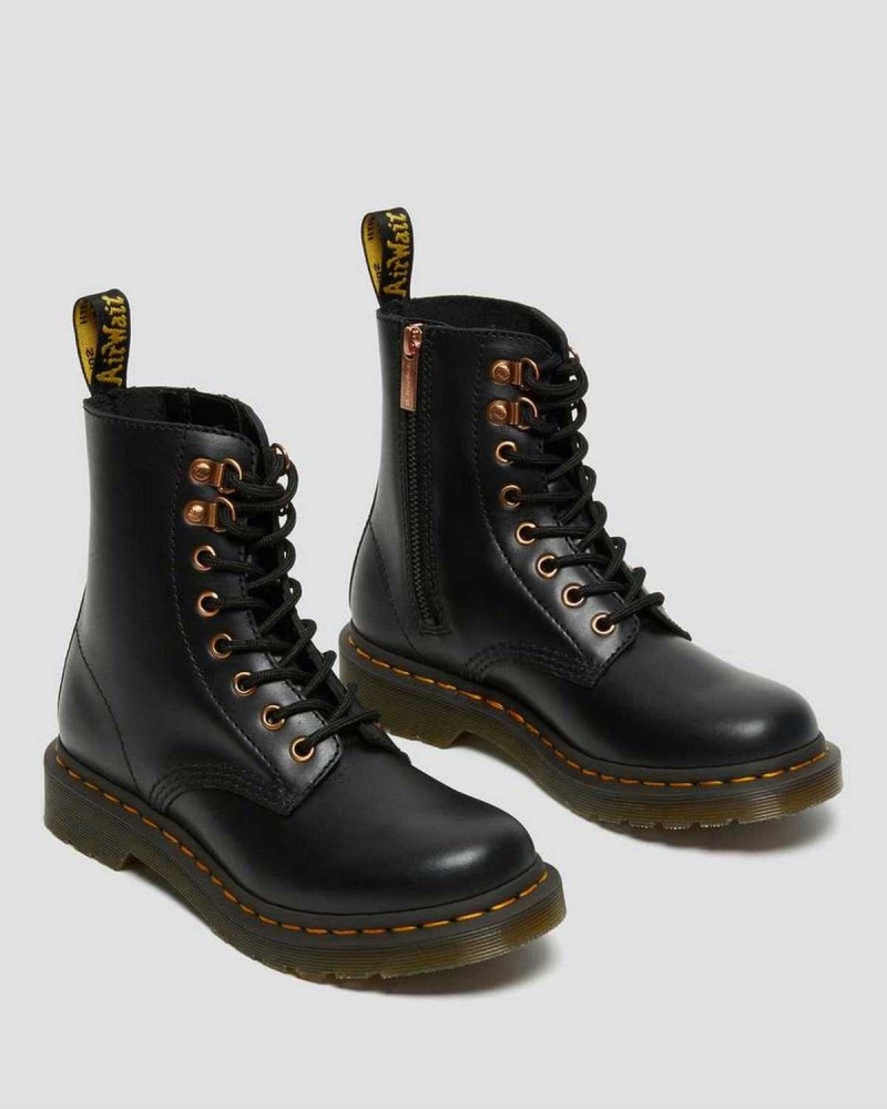 Black DR Martens 1460 Pascal Rose Gold Hardware Leather Lace Up Boots | 9472MYQEH