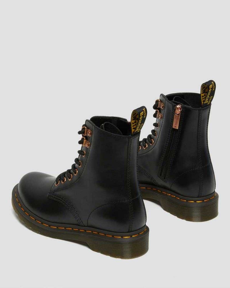 Black DR Martens 1460 Pascal Rose Gold Hardware Leather Lace Up Boots | 9472MYQEH