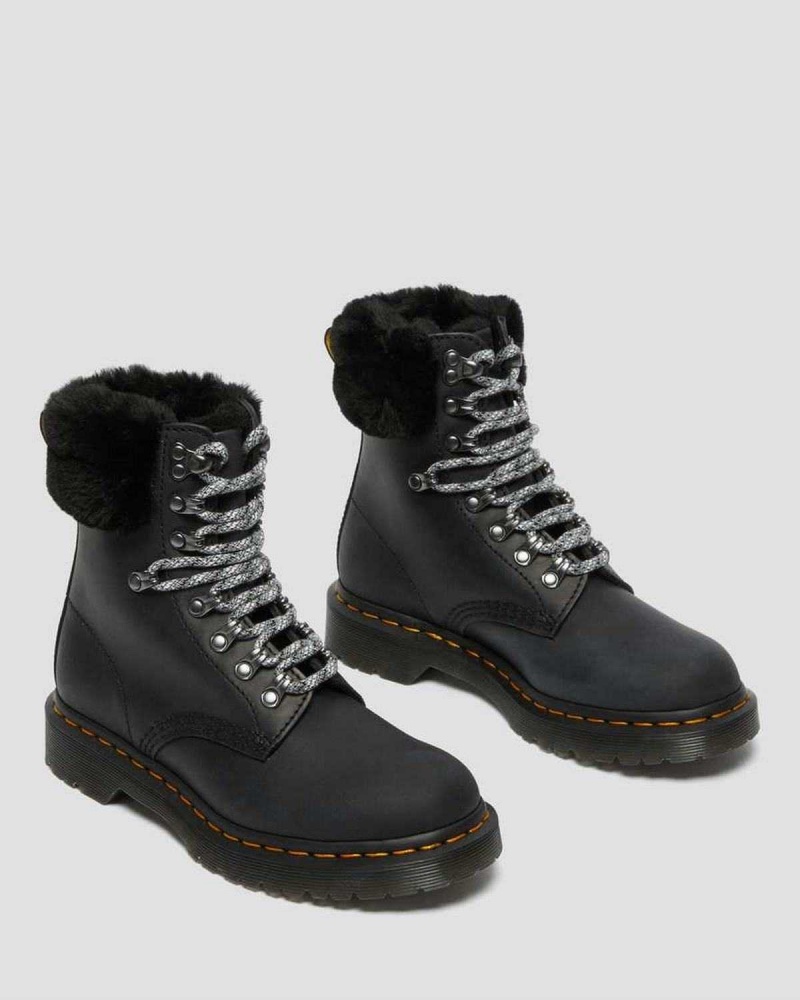 Black DR Martens 1460 Serena Collar Faux Fur Lined Lace Up Boots | 8503FYXKA