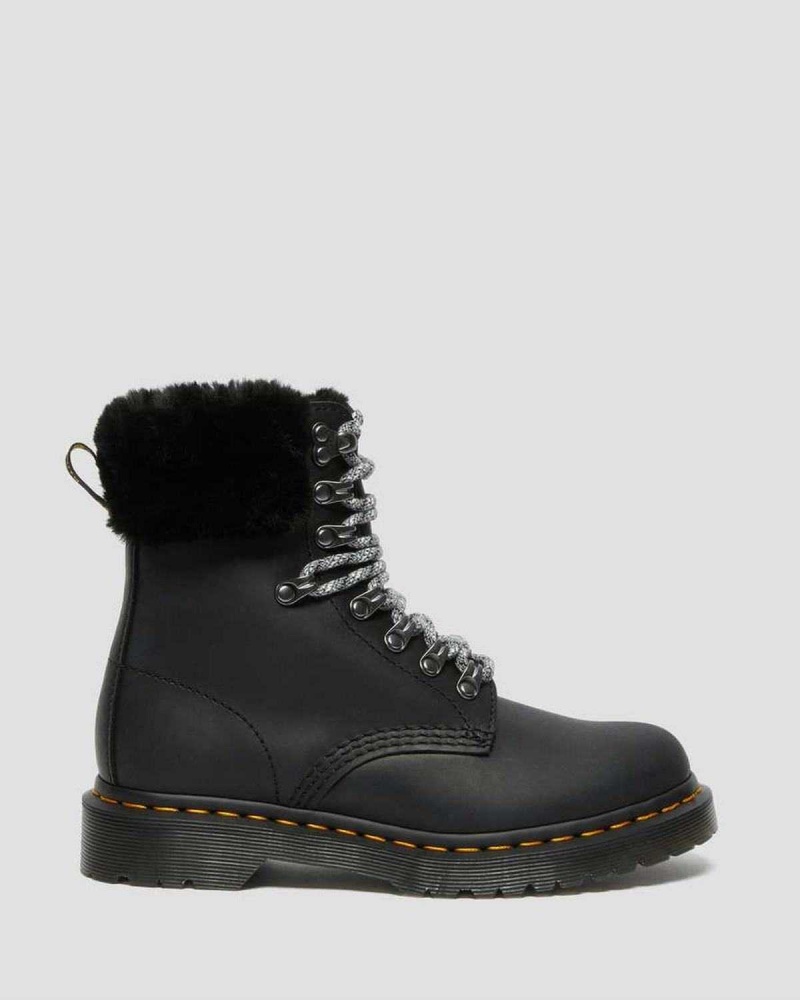 Black DR Martens 1460 Serena Collar Faux Fur Lined Lace Up Boots | 8503FYXKA