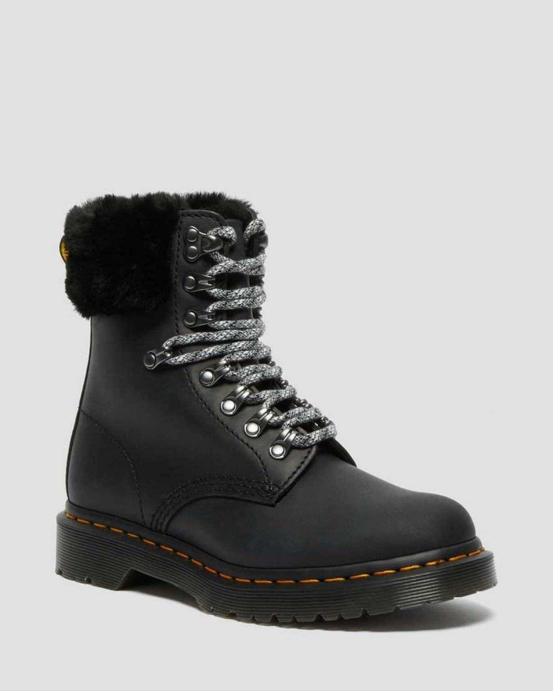 Black DR Martens 1460 Serena Collar Faux Fur Lined Lace Up Boots | 8503FYXKA