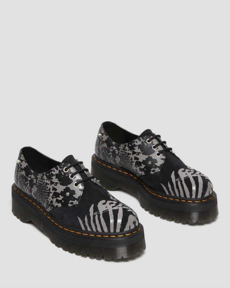 Black DR Martens 1461 Animal Clash Leather & Suede Platform Shoes | 9365YPHQF