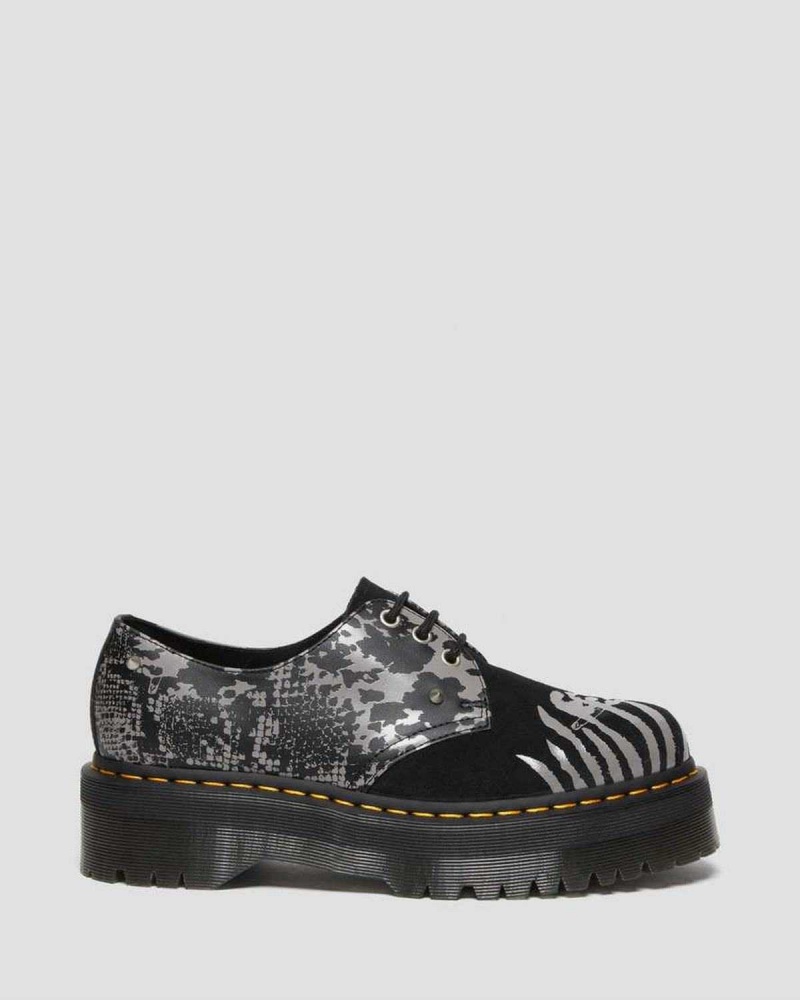 Black DR Martens 1461 Animal Clash Leather & Suede Platform Shoes | 9365YPHQF