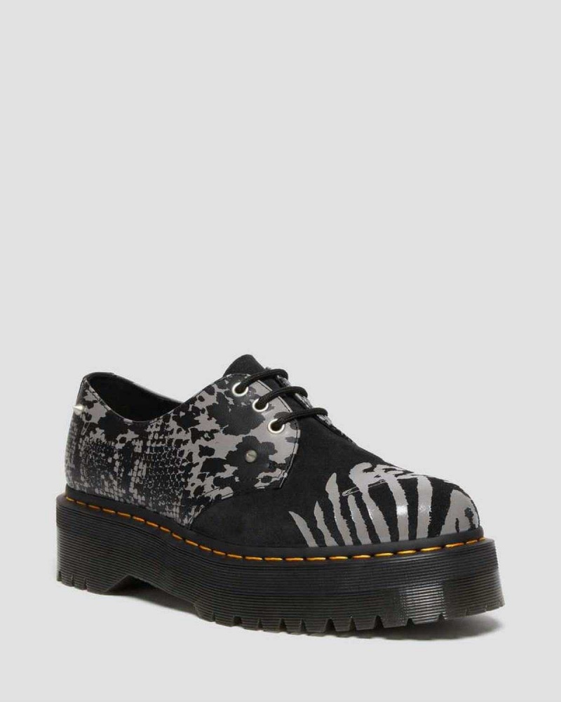 Black DR Martens 1461 Animal Clash Leather & Suede Platform Shoes | 9365YPHQF