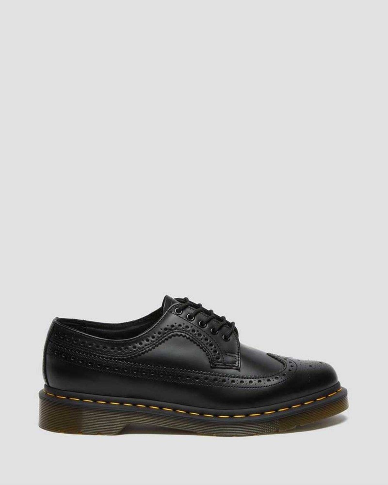 Black DR Martens 3989 Yellow Stitch Smooth Leather Brogue Shoes | 4058TQPFC