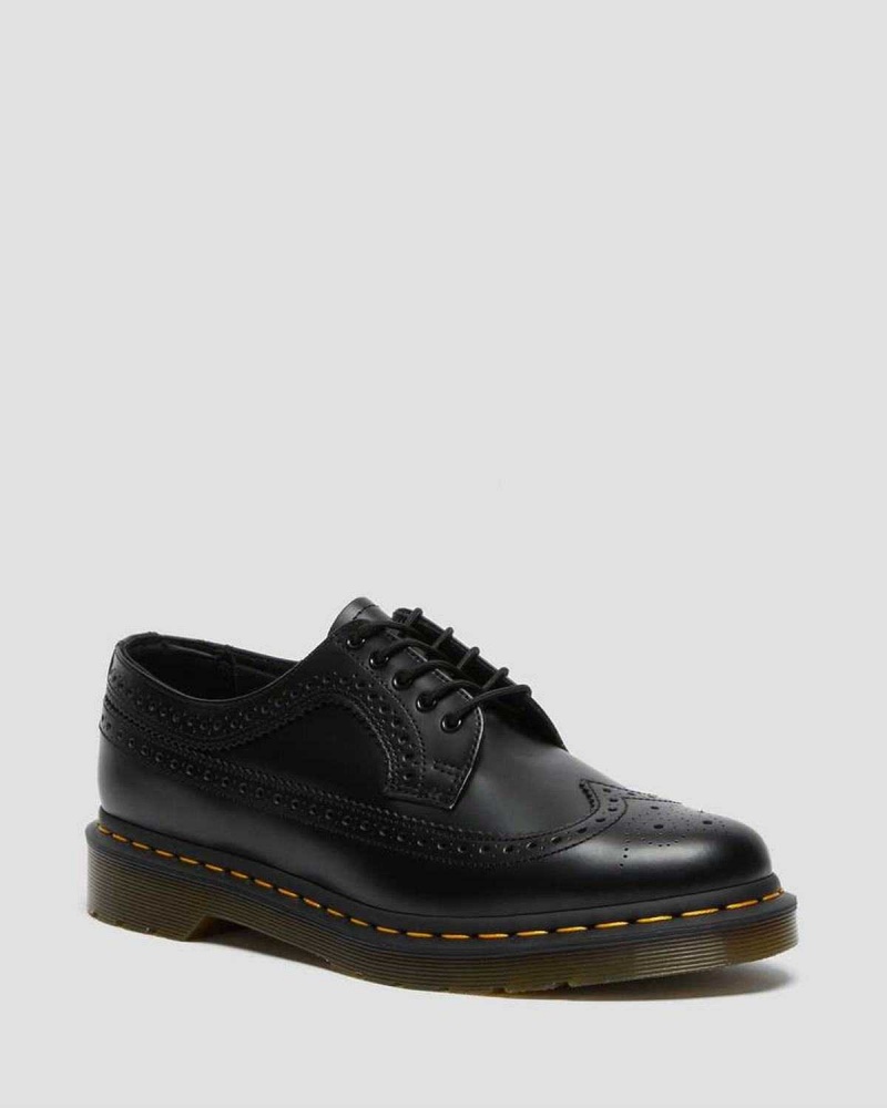 Black DR Martens 3989 Yellow Stitch Smooth Leather Brogue Shoes | 4058TQPFC