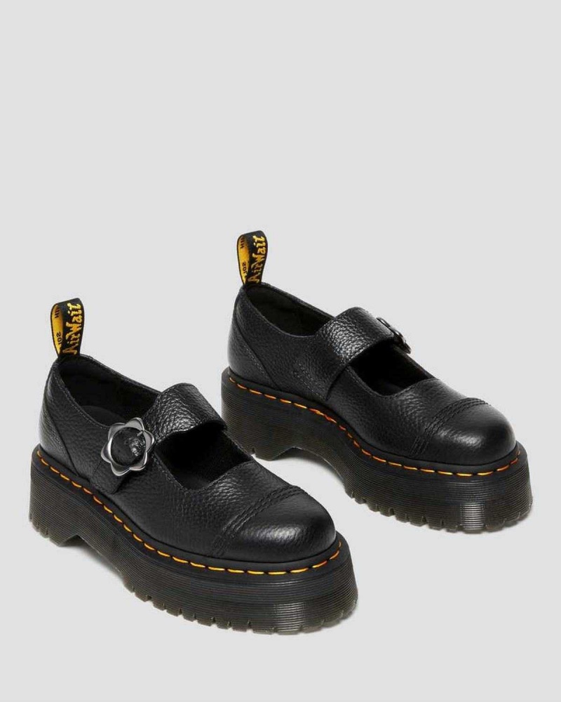 Black DR Martens Addina Flower Buckle Leather Platform Shoes | 3574TPXVS