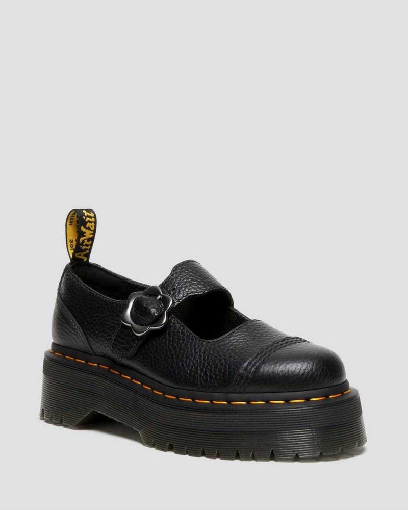 Black DR Martens Addina Flower Buckle Leather Platform Shoes | 3574TPXVS