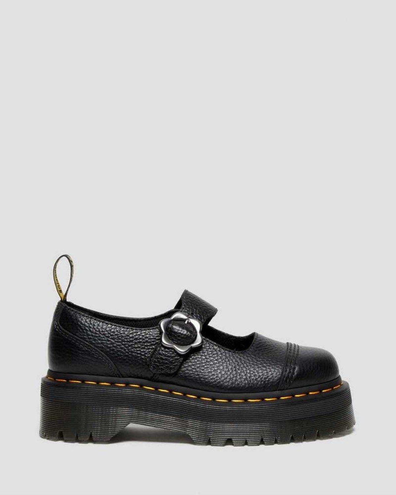 Black DR Martens Addina Flower Buckle Leather Platform Shoes | 5628ZYHPF