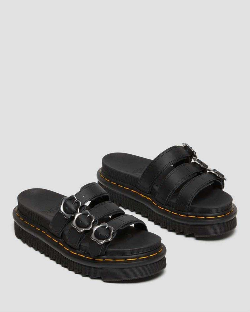 Black DR Martens Blaire Flower Buckle Leather Slide Sandals | 3470APXFE