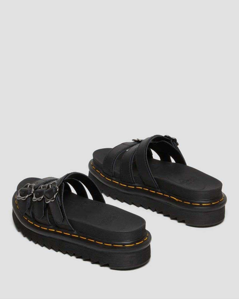 Black DR Martens Blaire Flower Buckle Leather Slide Sandals | 3470APXFE