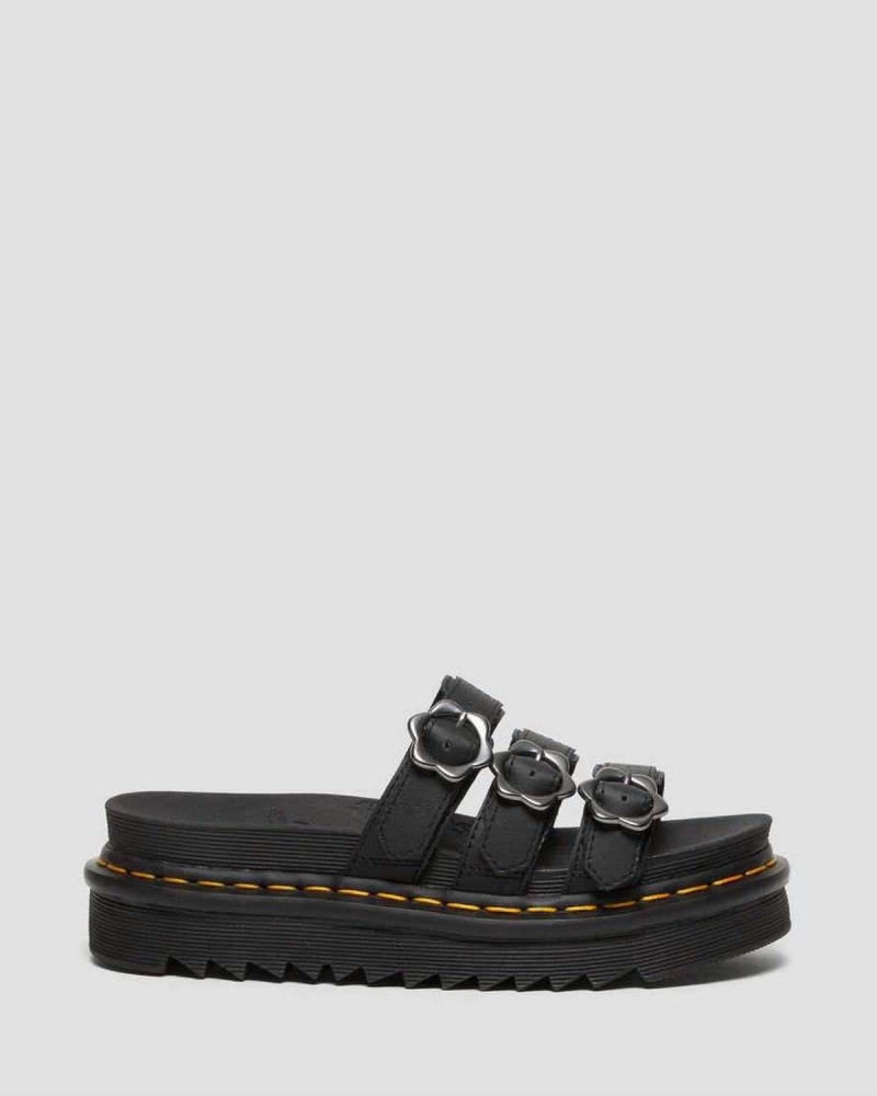 Black DR Martens Blaire Flower Buckle Leather Slide Sandals | 3470APXFE