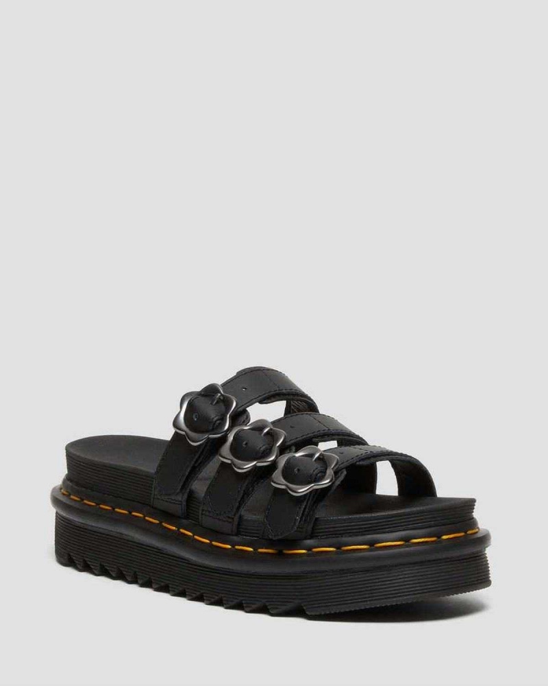 Black DR Martens Blaire Flower Buckle Leather Slide Sandals | 3470APXFE