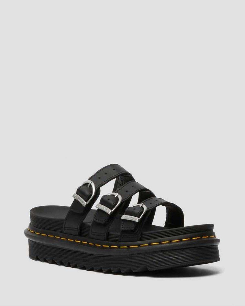 Black DR Martens Blaire Leather Slide Sandals | 9147SUIVF