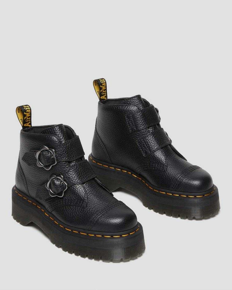 Black DR Martens Devon Flower Buckle Leather Platform Boots | 9506VPAYX