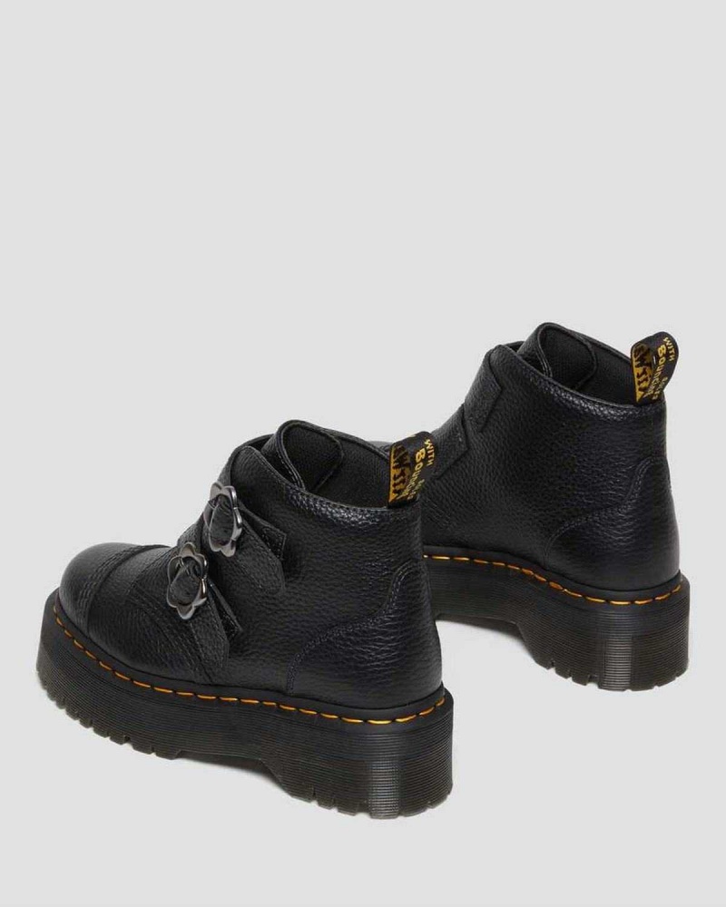 Black DR Martens Devon Flower Buckle Leather Platform Boots | 9506VPAYX