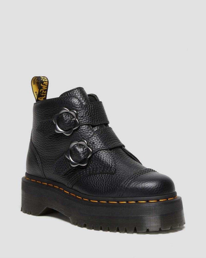 Black DR Martens Devon Flower Buckle Leather Platform Boots | 9506VPAYX