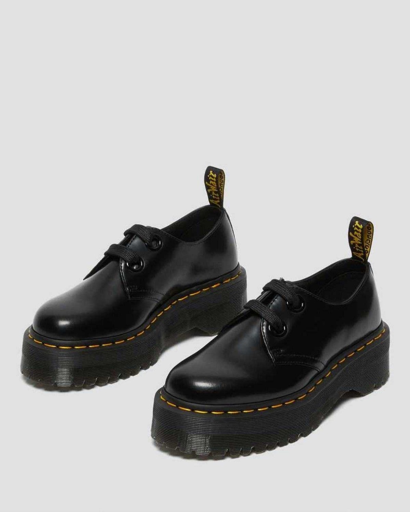 Black DR Martens Holly Leather Platform Shoes | 4182ATLOU