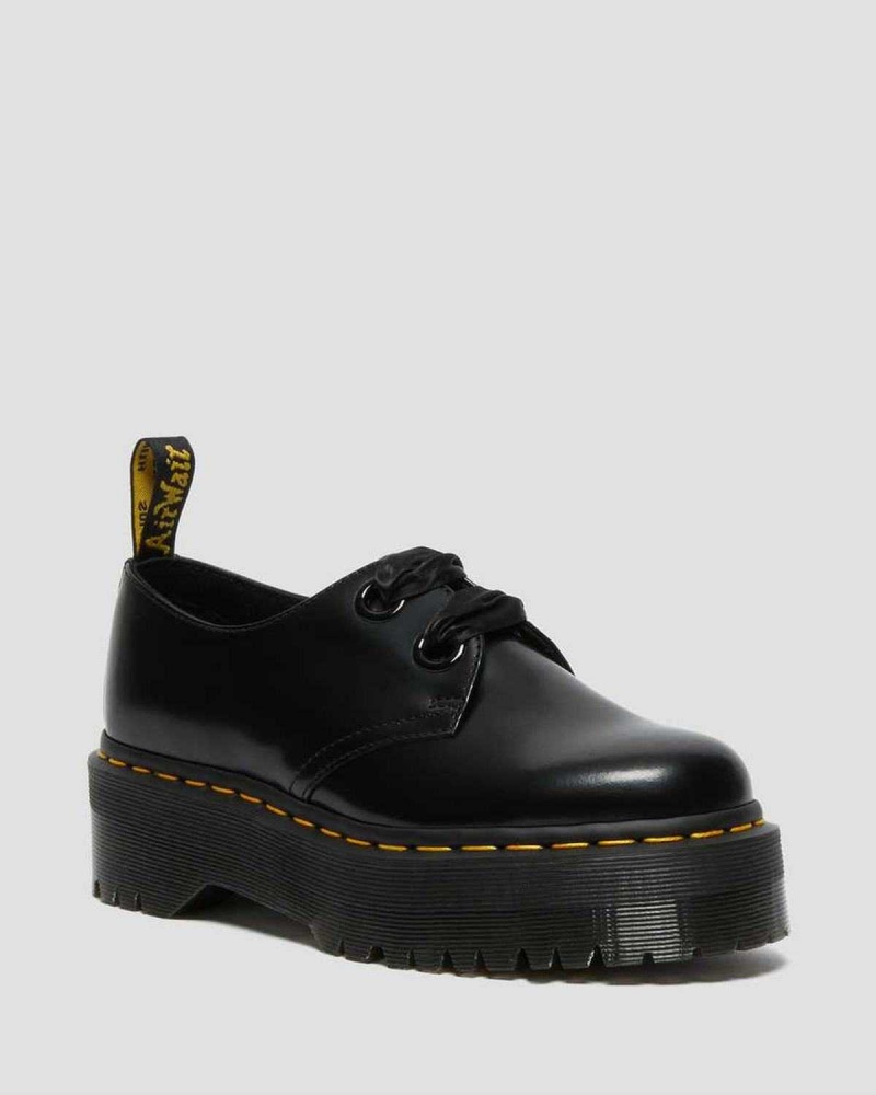 Black DR Martens Holly Leather Platform Shoes | 4182ATLOU