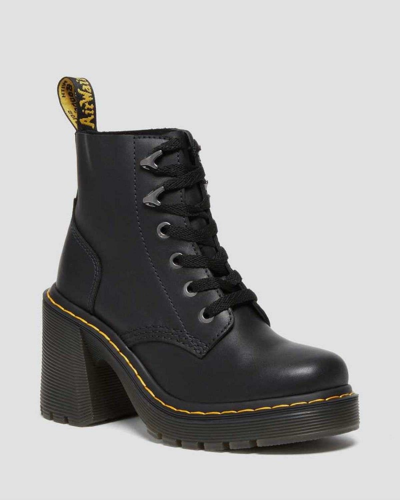 Black DR Martens Jesy Sendal Leather Lace Up Flared Heel Boots | 8657WGFUC