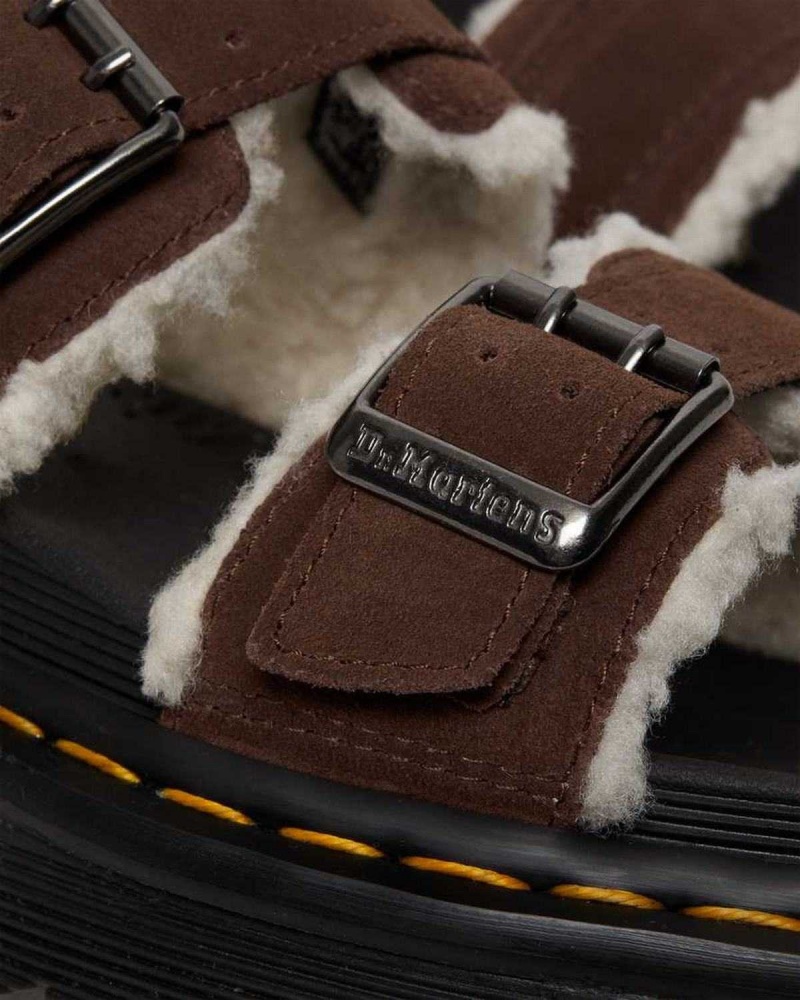 Black DR Martens Myles Suede Fur-Lined Buckle Slide Sandals | 5631SXLQM