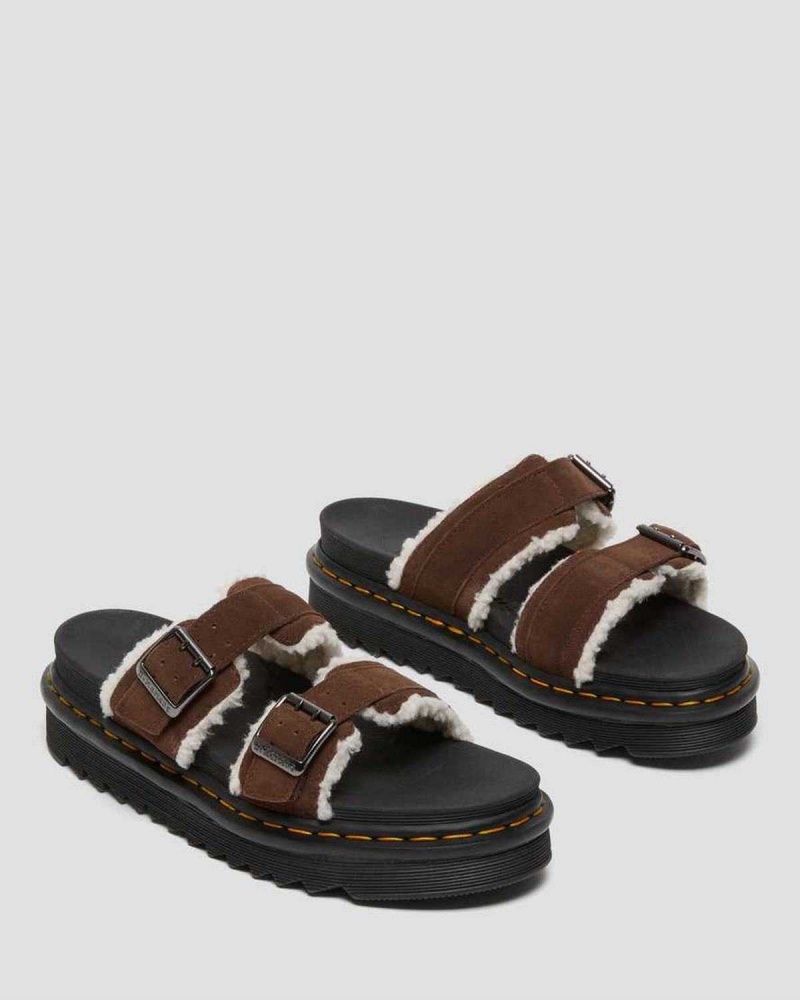 Black DR Martens Myles Suede Fur-Lined Buckle Slide Sandals | 5631SXLQM