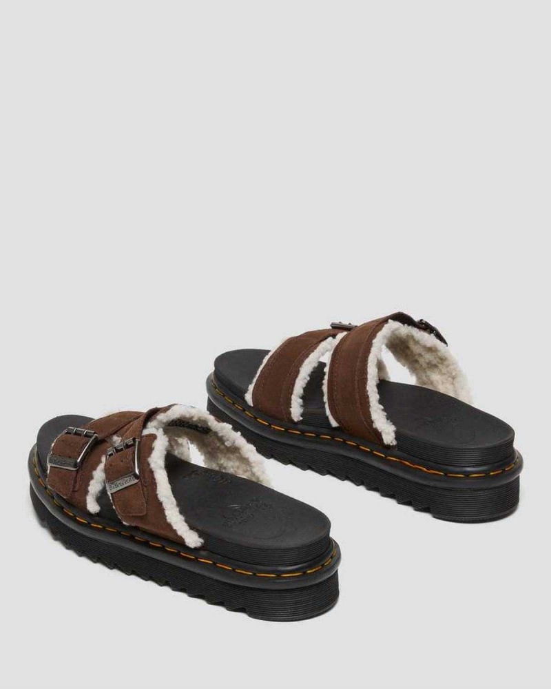 Black DR Martens Myles Suede Fur-Lined Buckle Slide Sandals | 5631SXLQM