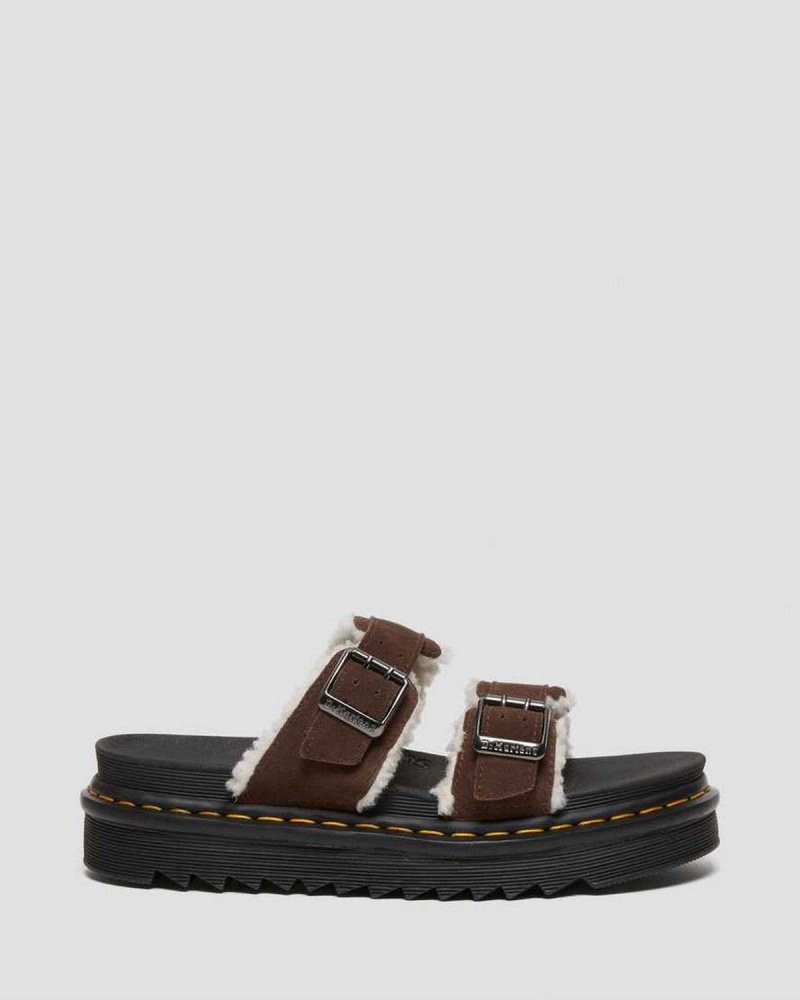 Black DR Martens Myles Suede Fur-Lined Buckle Slide Sandals | 5631SXLQM