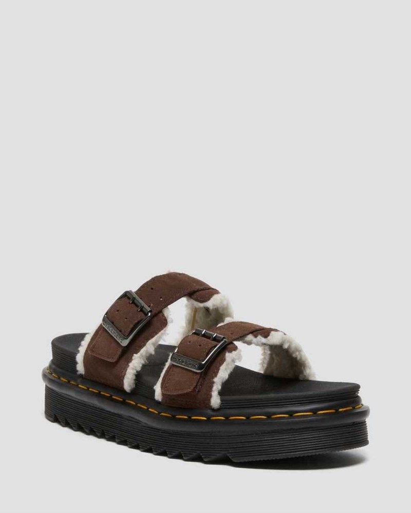 Black DR Martens Myles Suede Fur-Lined Buckle Slide Sandals | 5631SXLQM