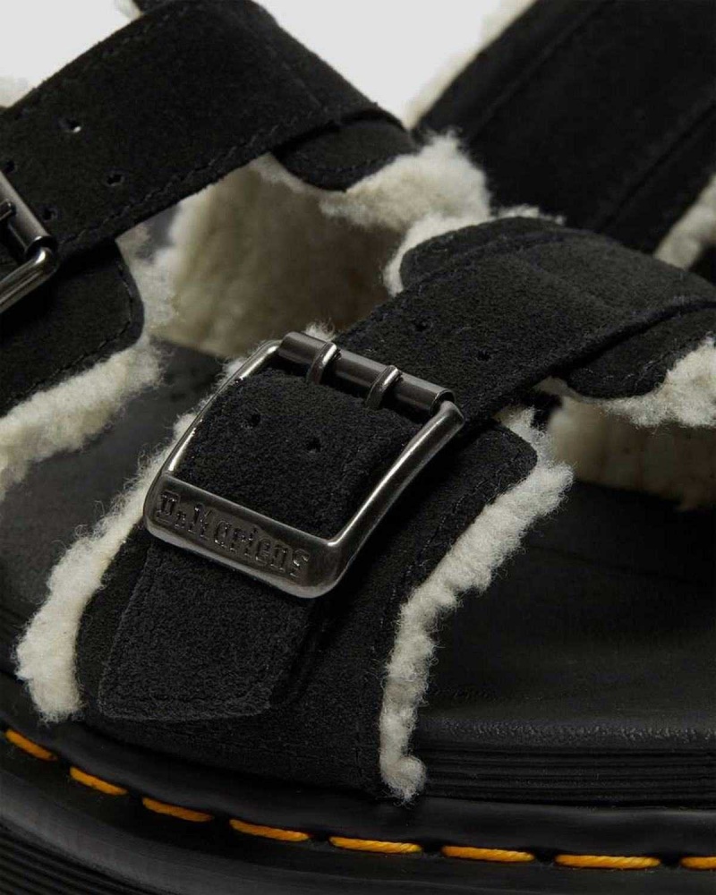 Black DR Martens Myles Suede Fur-Lined Buckle Slide Sandals | 8429VMTQA