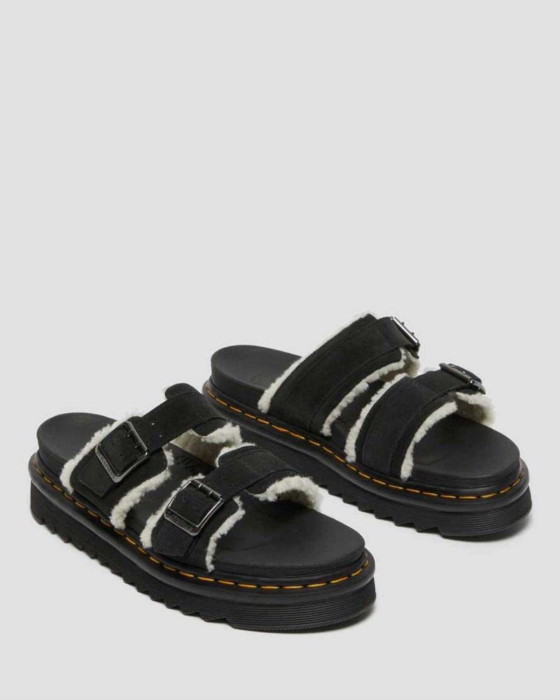 Black DR Martens Myles Suede Fur-Lined Buckle Slide Sandals | 8429VMTQA