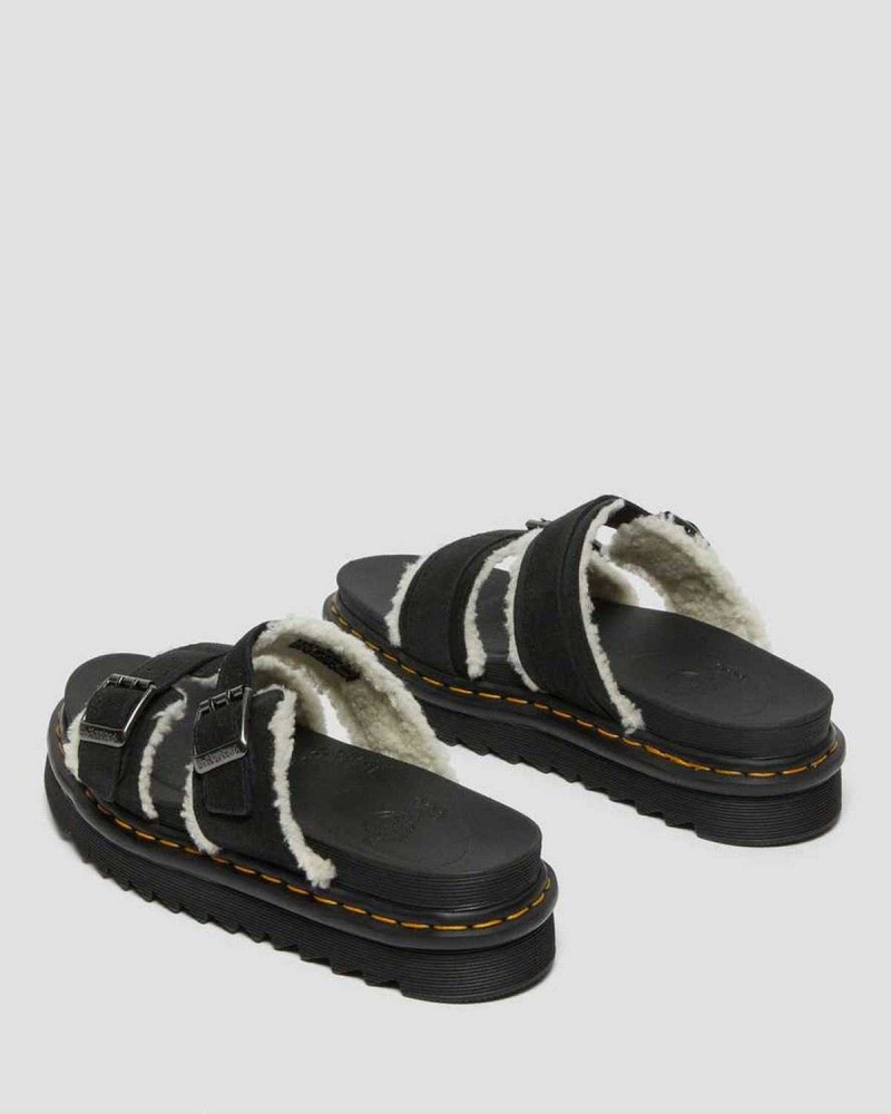 Black DR Martens Myles Suede Fur-Lined Buckle Slide Sandals | 8429VMTQA