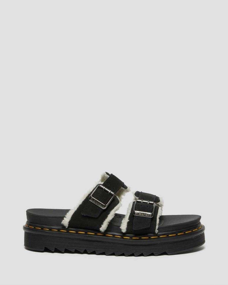 Black DR Martens Myles Suede Fur-Lined Buckle Slide Sandals | 8429VMTQA