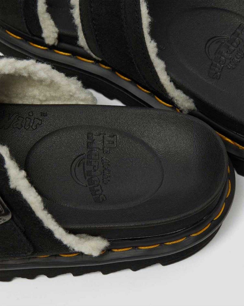 Black DR Martens Myles Suede Fur-Lined Buckle Slide Sandals | 8429VMTQA