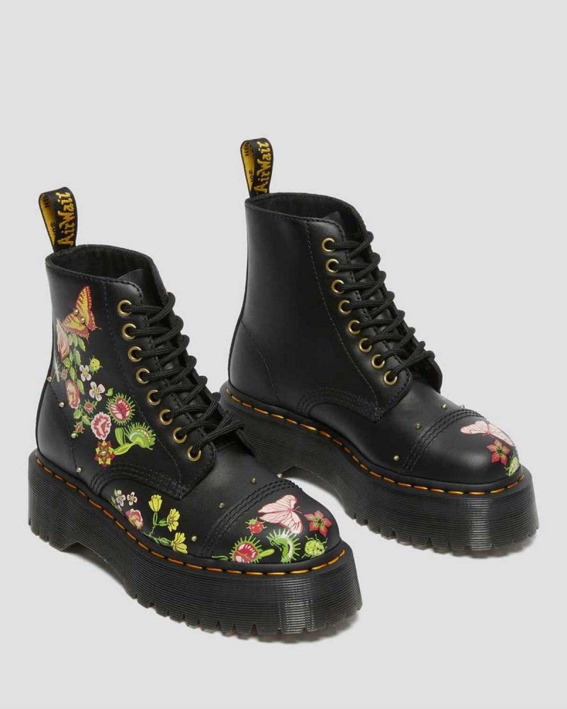 Black DR Martens Sinclair Floral Bloom Leather Platform Boots | 9327IQWDV