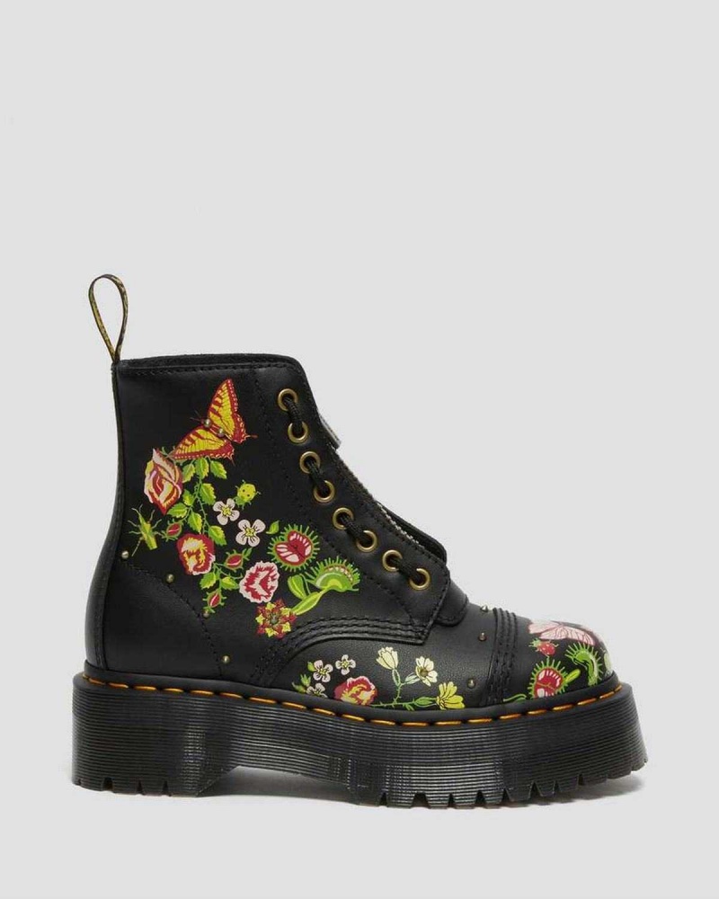 Black DR Martens Sinclair Floral Bloom Leather Platform Boots | 9327IQWDV