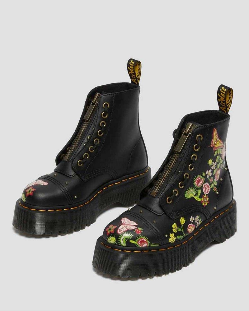 Black DR Martens Sinclair Floral Bloom Leather Platform Boots | 9327IQWDV