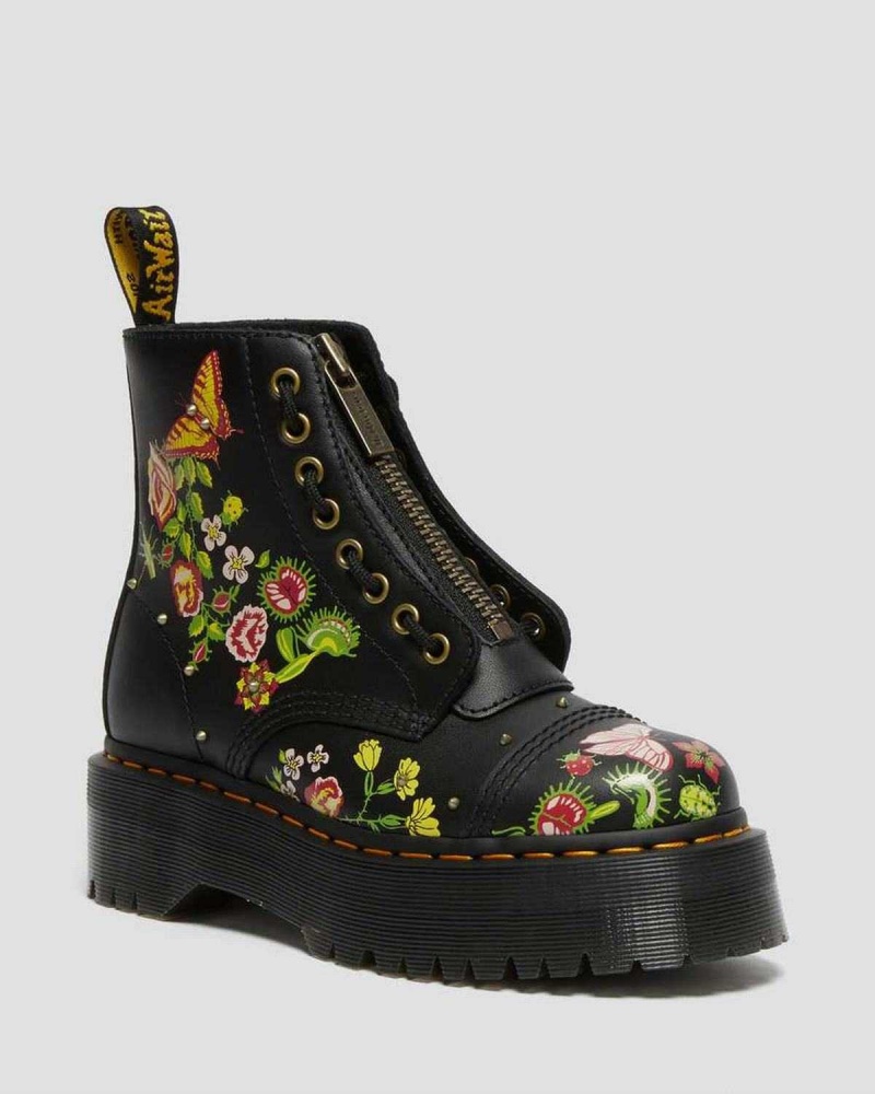 Black DR Martens Sinclair Floral Bloom Leather Platform Boots | 9327IQWDV