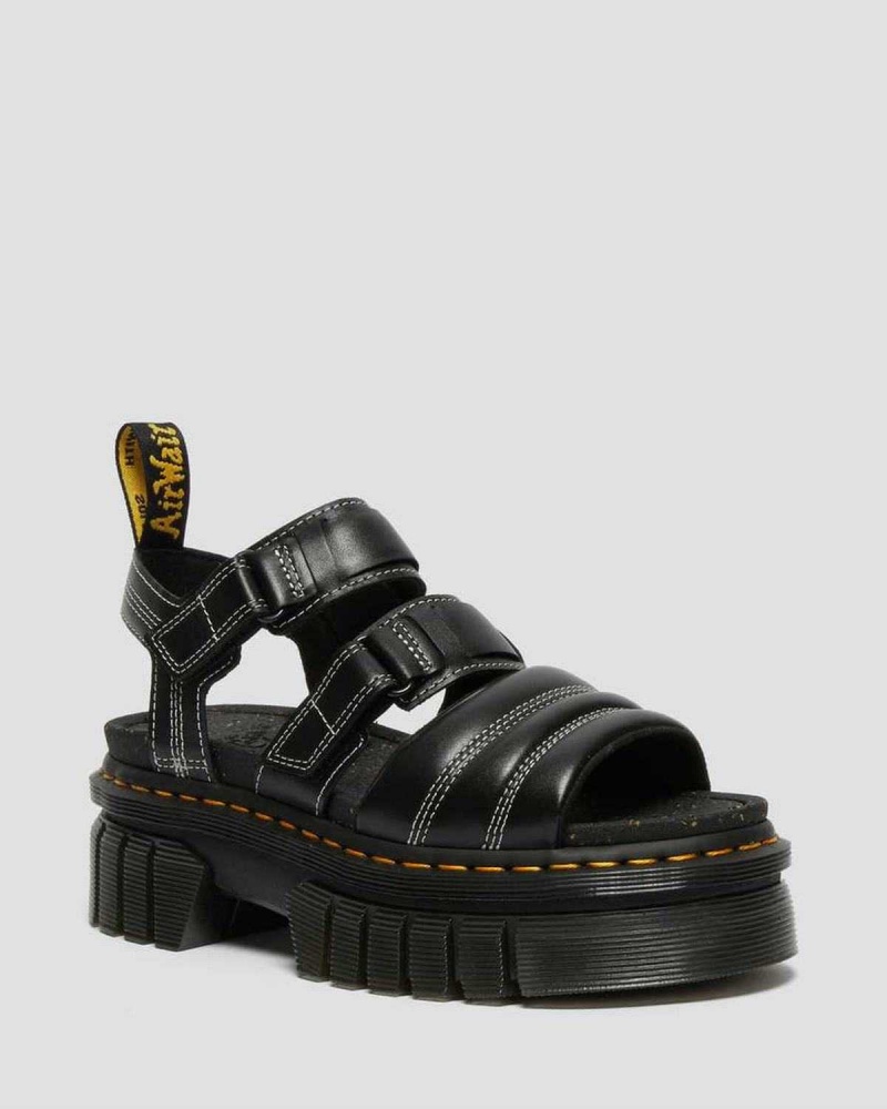 Black Grey DR Martens Ricki Nappa Lux Leather 3-Strap Sandals | 2439POJFK